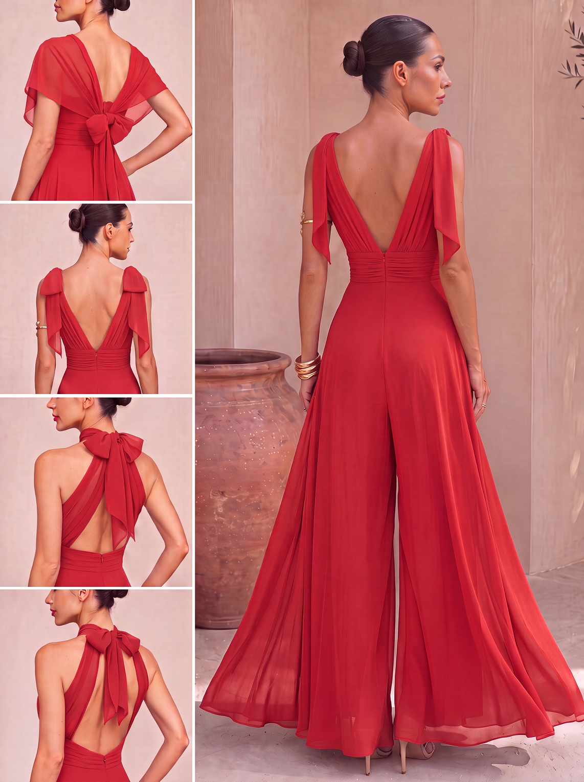 Abito tuta lunga con scollo all'americana e sciarpa in chiffon