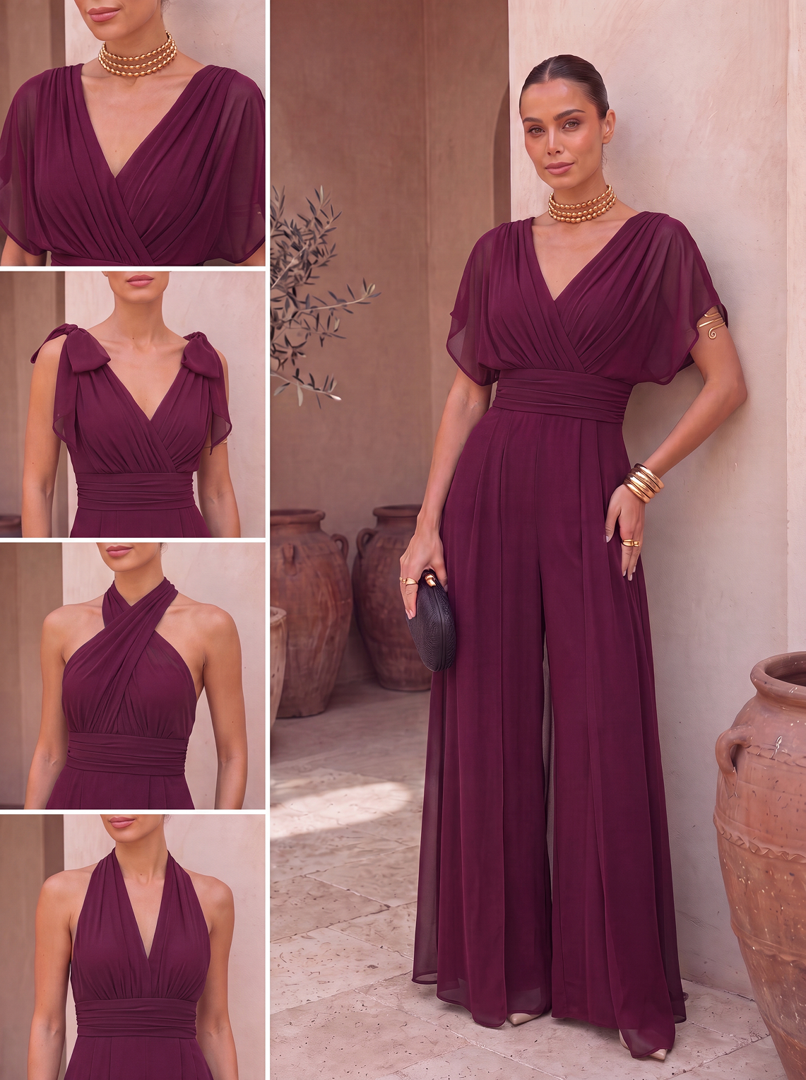Abito tuta lunga con scollo all'americana e sciarpa in chiffon