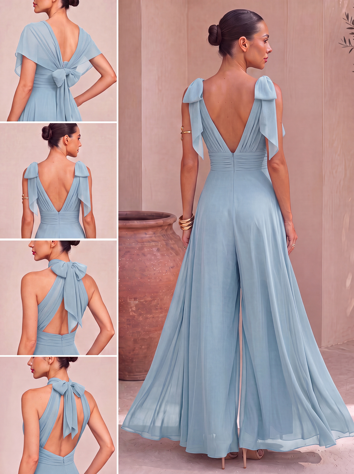 Abito tuta lunga con scollo all'americana e sciarpa in chiffon