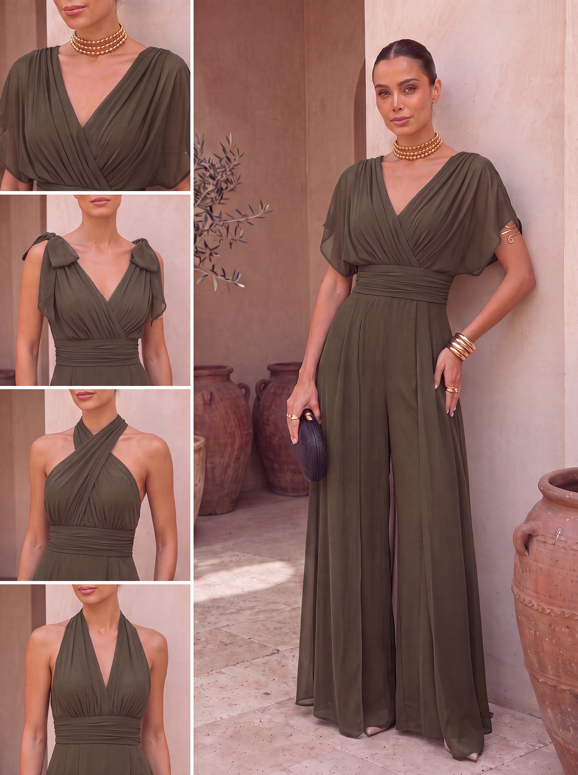 Abito tuta lunga con scollo all'americana e sciarpa in chiffon