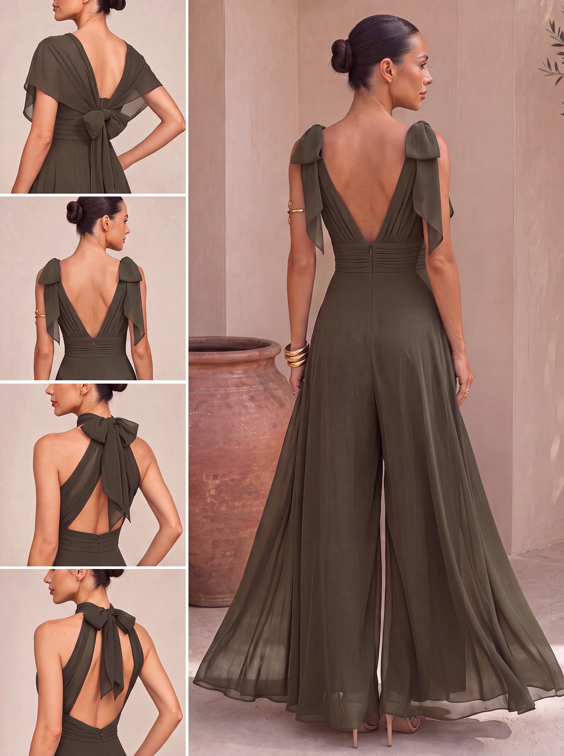 Abito tuta lunga con scollo all'americana e sciarpa in chiffon