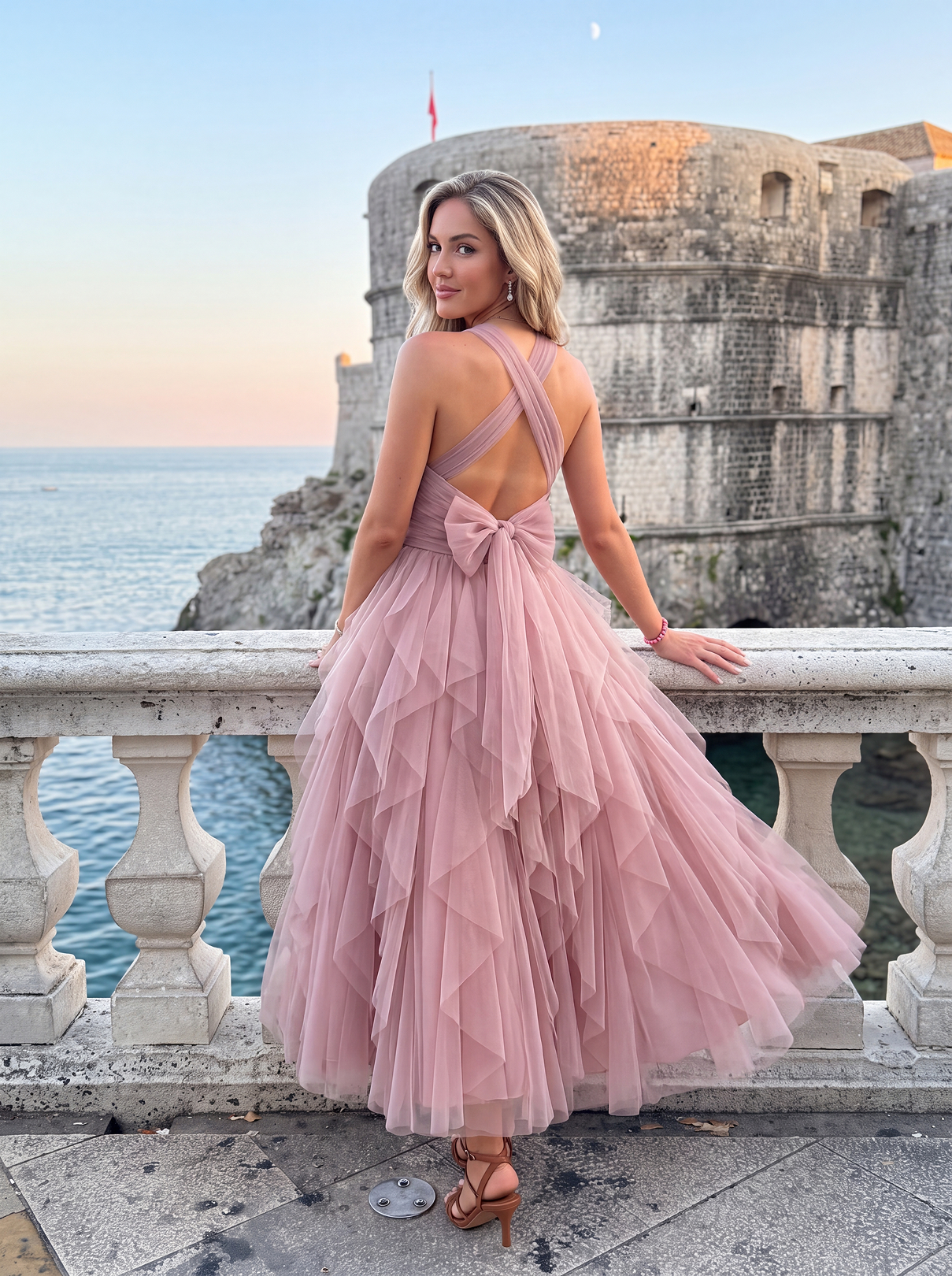 ABITO MIDI IN TULLE CON BALZE A CASCATA | BLU INCHIOSTRO ALISSA