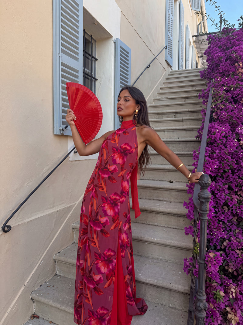 VESTIDO SÓLLER LUNGO A FIORI CON COLLO ALTO E FIOCCO