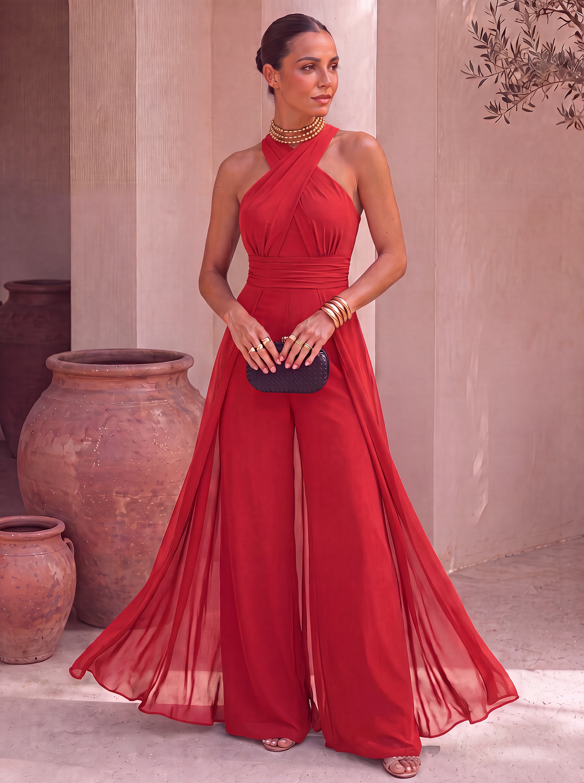 Abito tuta lunga con scollo all'americana e sciarpa in chiffon