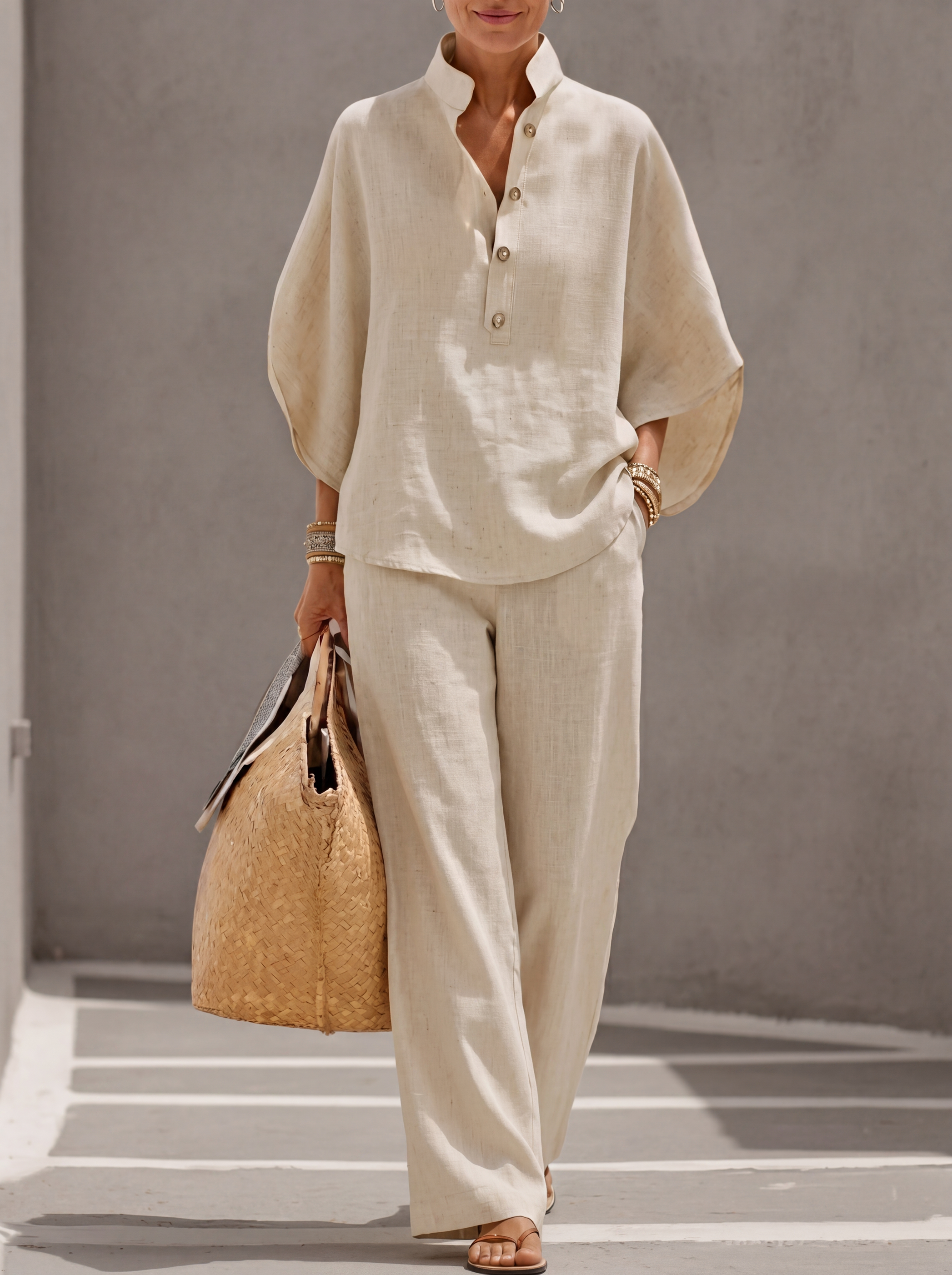 Conjunto de lino con mangas oversized y pantalones acampanados