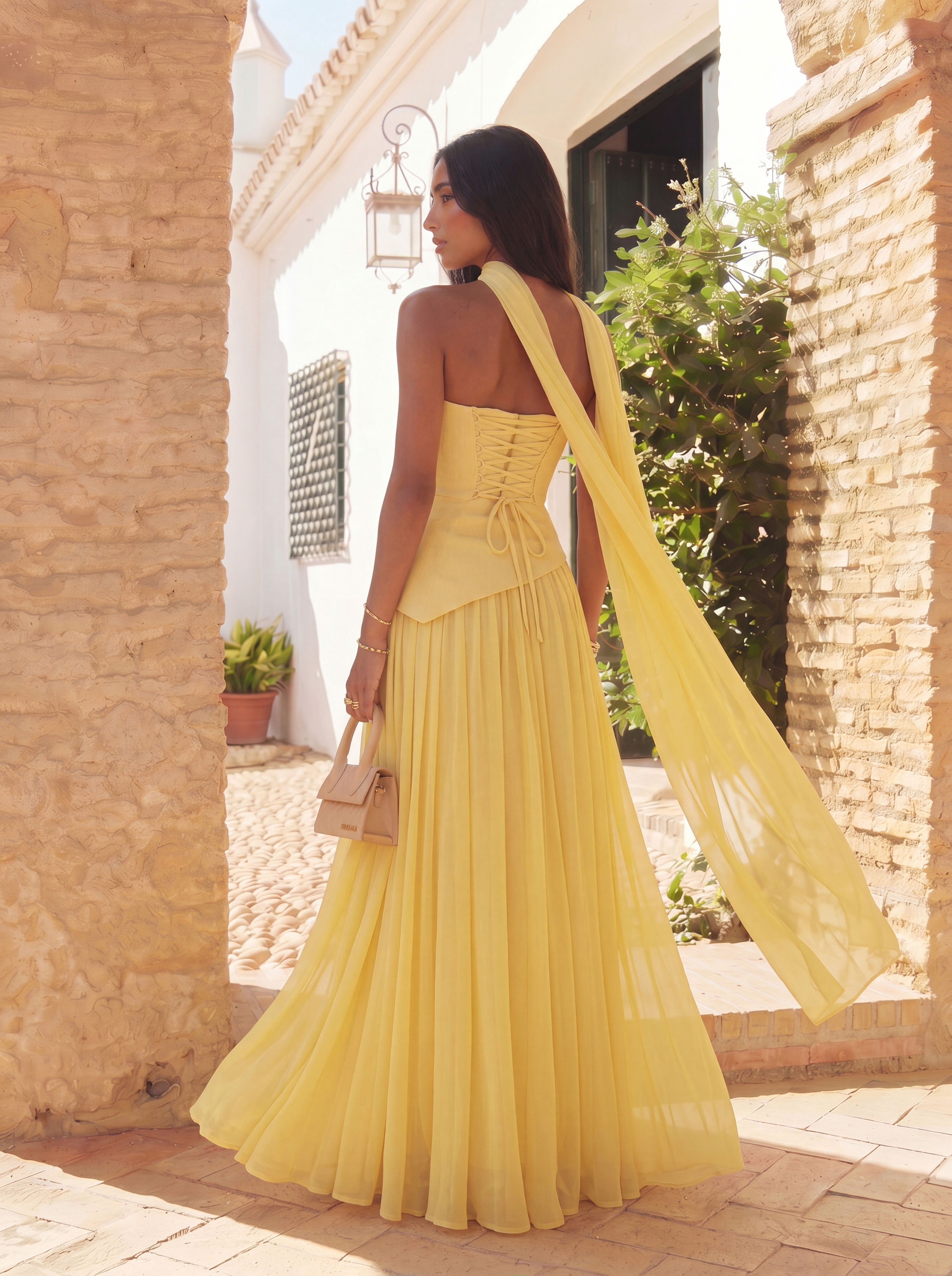 Long Asymmetrical Guest Dress with Draped Cape