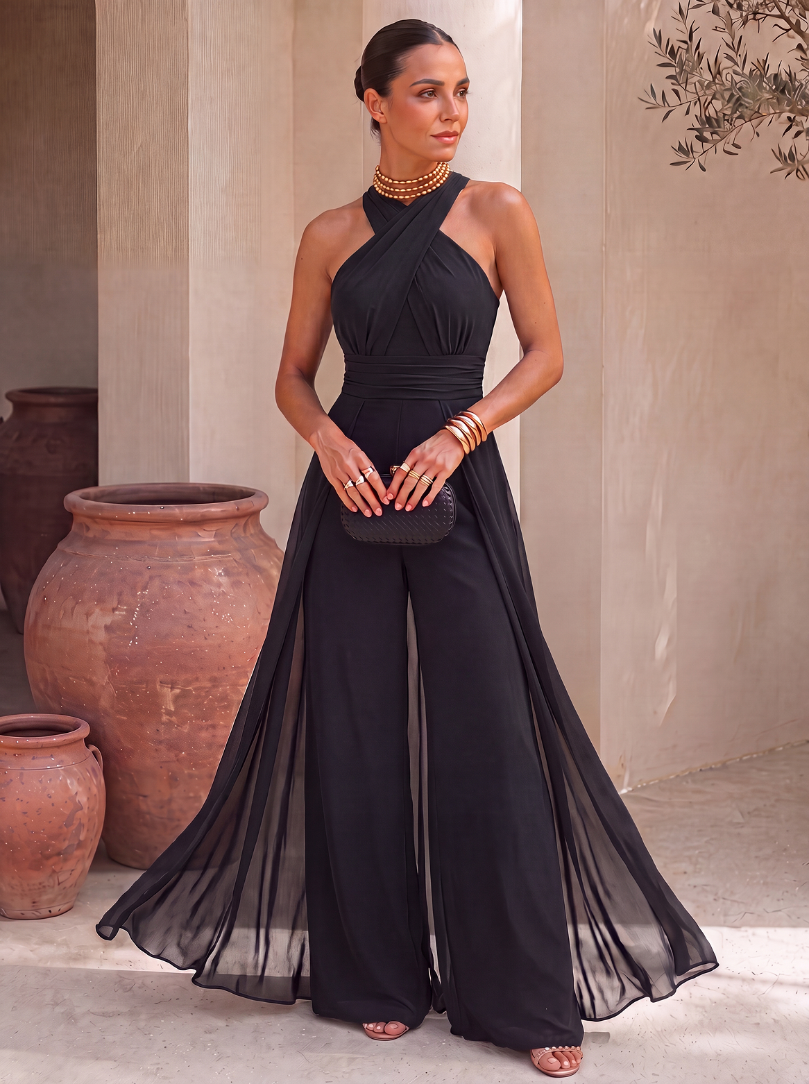 ABITO TUTA LUNGA CON SCOLLO ALL'AMERICANA E SCIARPA IN CHIFFON