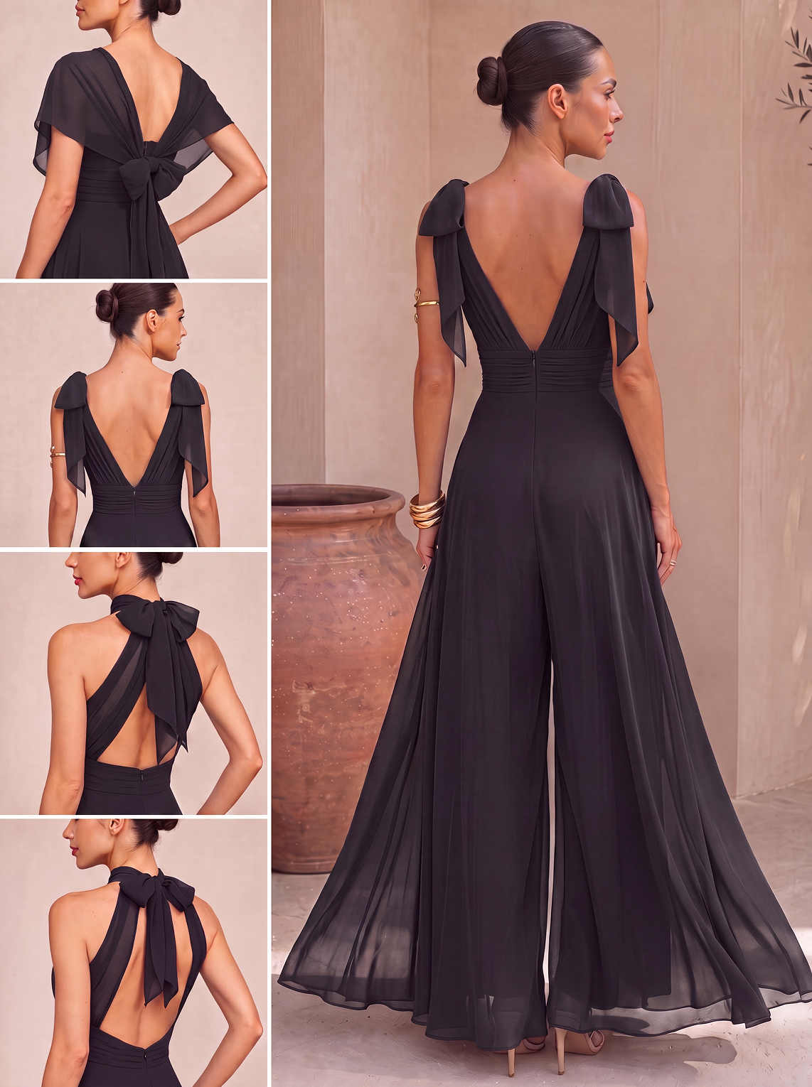 Abito tuta lunga con scollo all'americana e sciarpa in chiffon