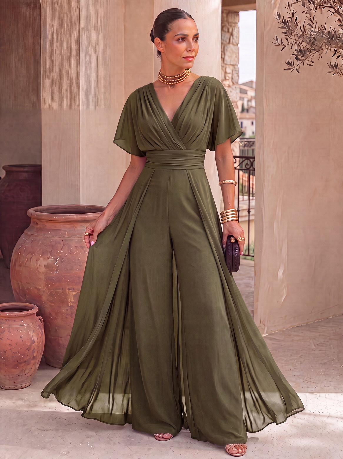 ABITO TUTA LUNGA CON SCOLLO ALL'AMERICANA E SCIARPA IN CHIFFON