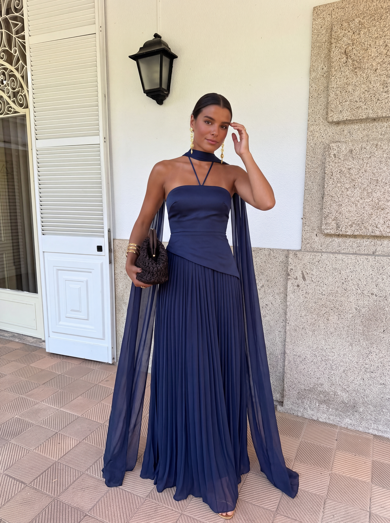 Long Asymmetrical Guest Dress with Draped Cape