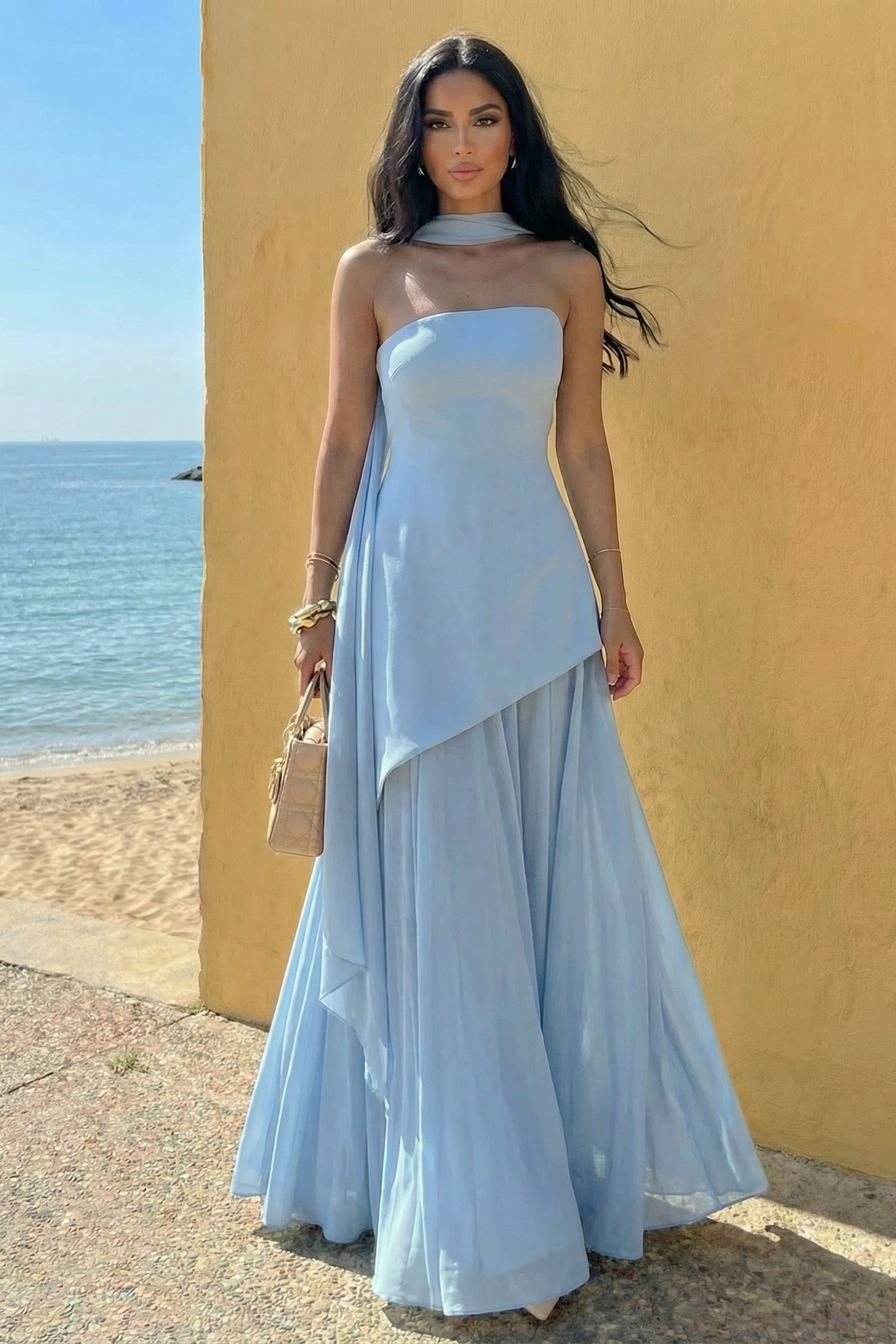 Vestido de Invitada Largo Asimétrico con Capa Drapeada