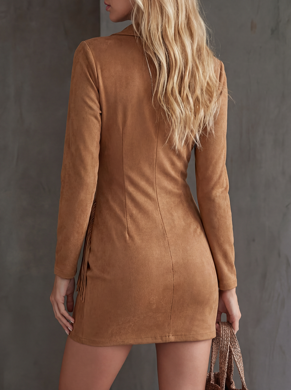 Abito midi da donna in maglia, stile western da cowboy, con frange in camoscio