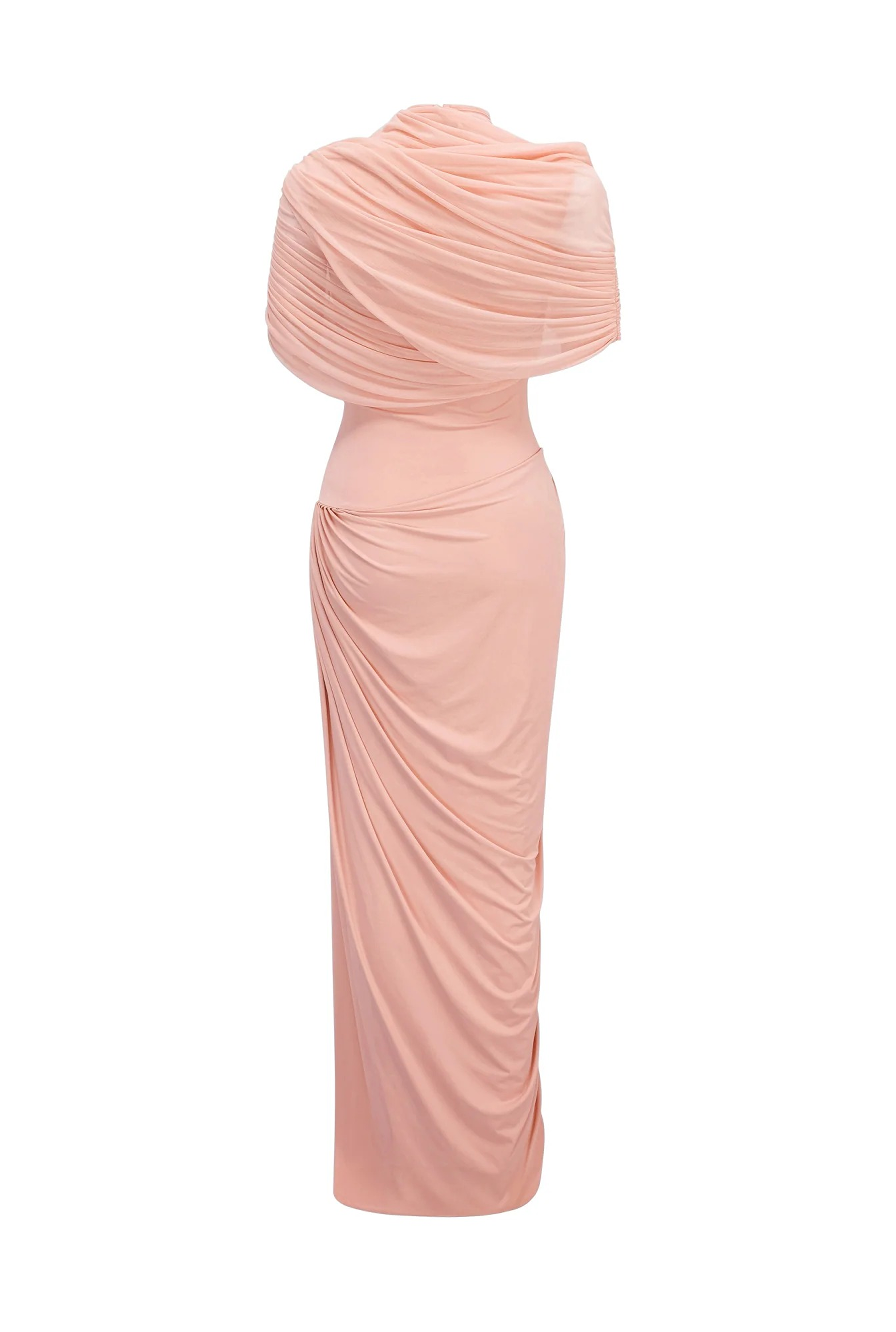 Vestido Largo de Manga Corta con Drapeado y Cuello Alto