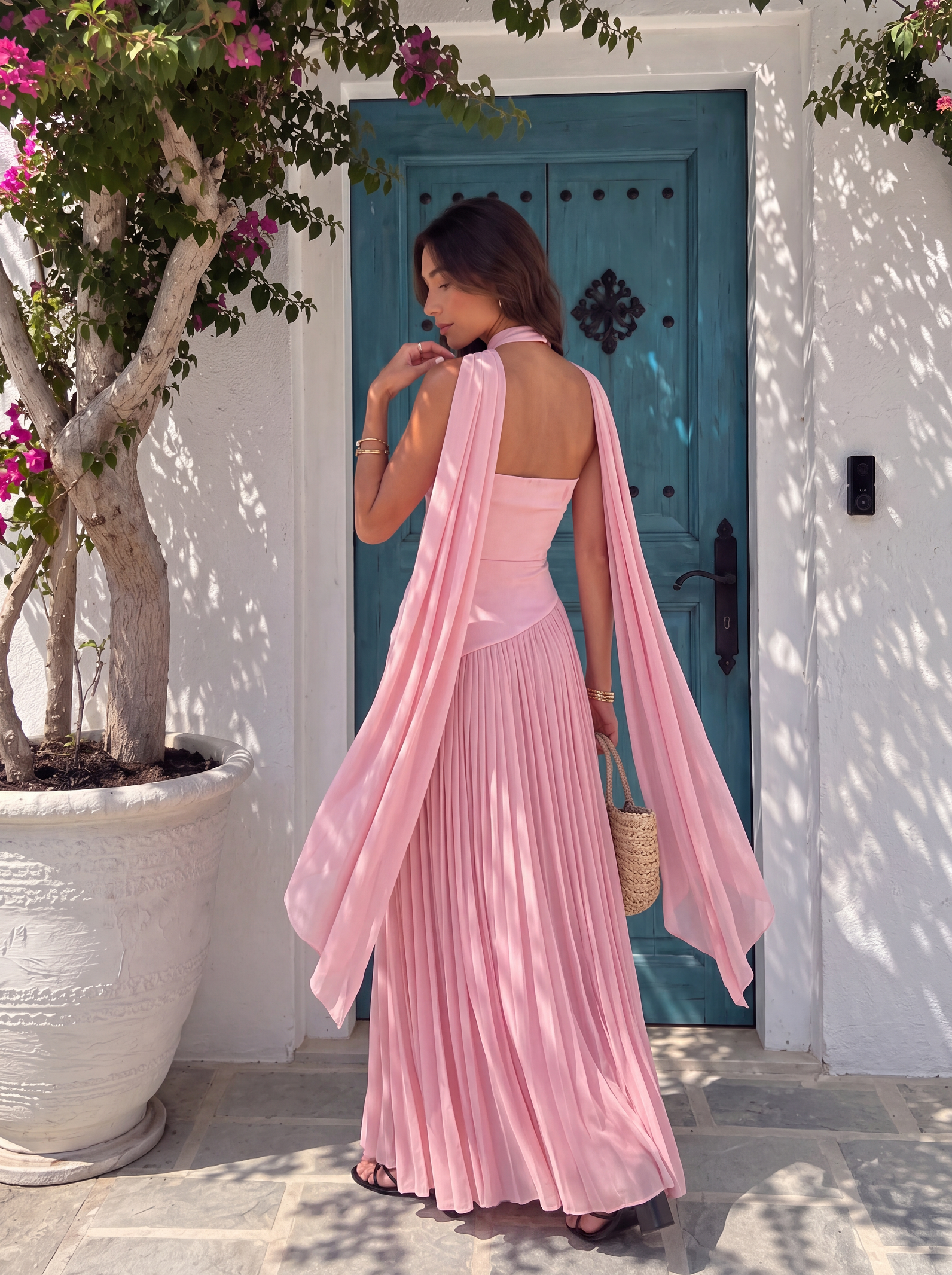 Long Asymmetrical Guest Dress with Draped Cape