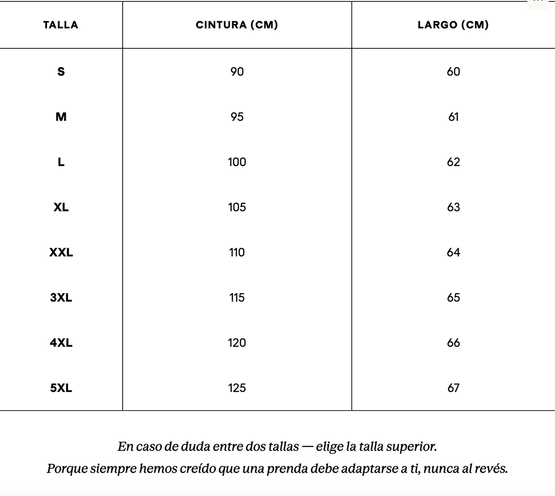 Tabella taglie in centimetri