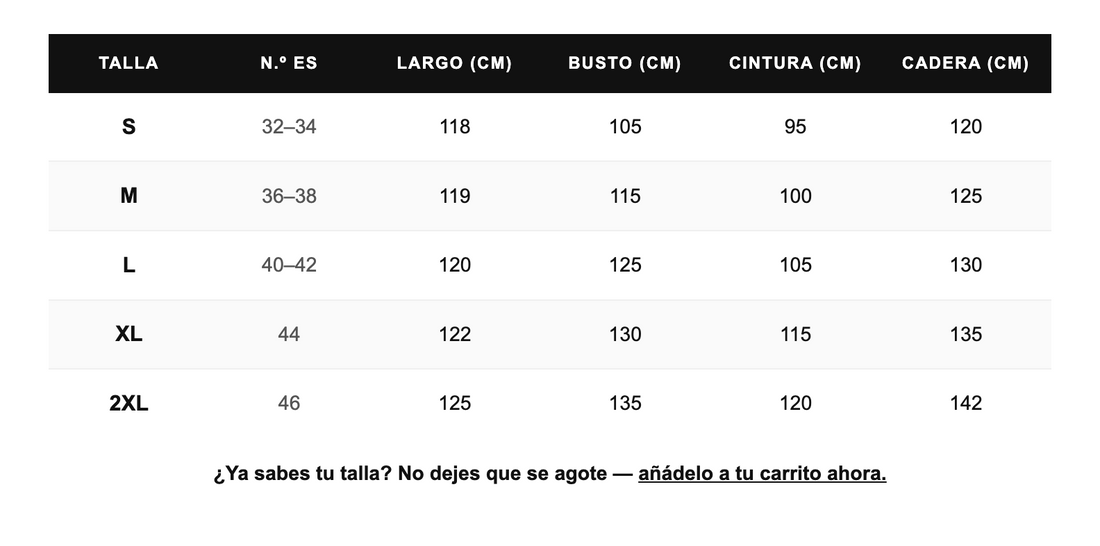 Tabella taglie in centimetri