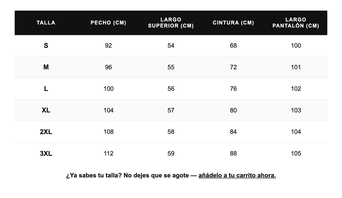Tabella taglie in centimetri