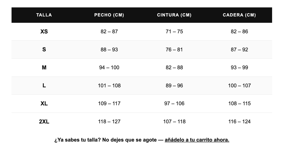 Tabella taglie in centimetri