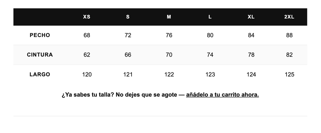 Tabella taglie in centimetri