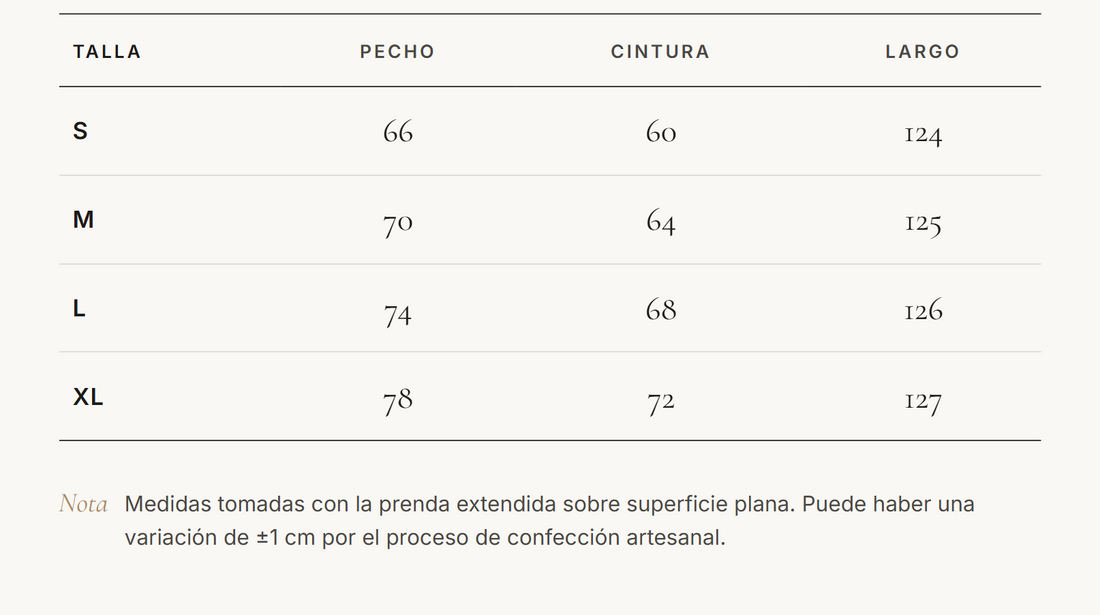Tabella taglie in centimetri