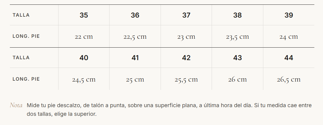 Tabella taglie in centimetri