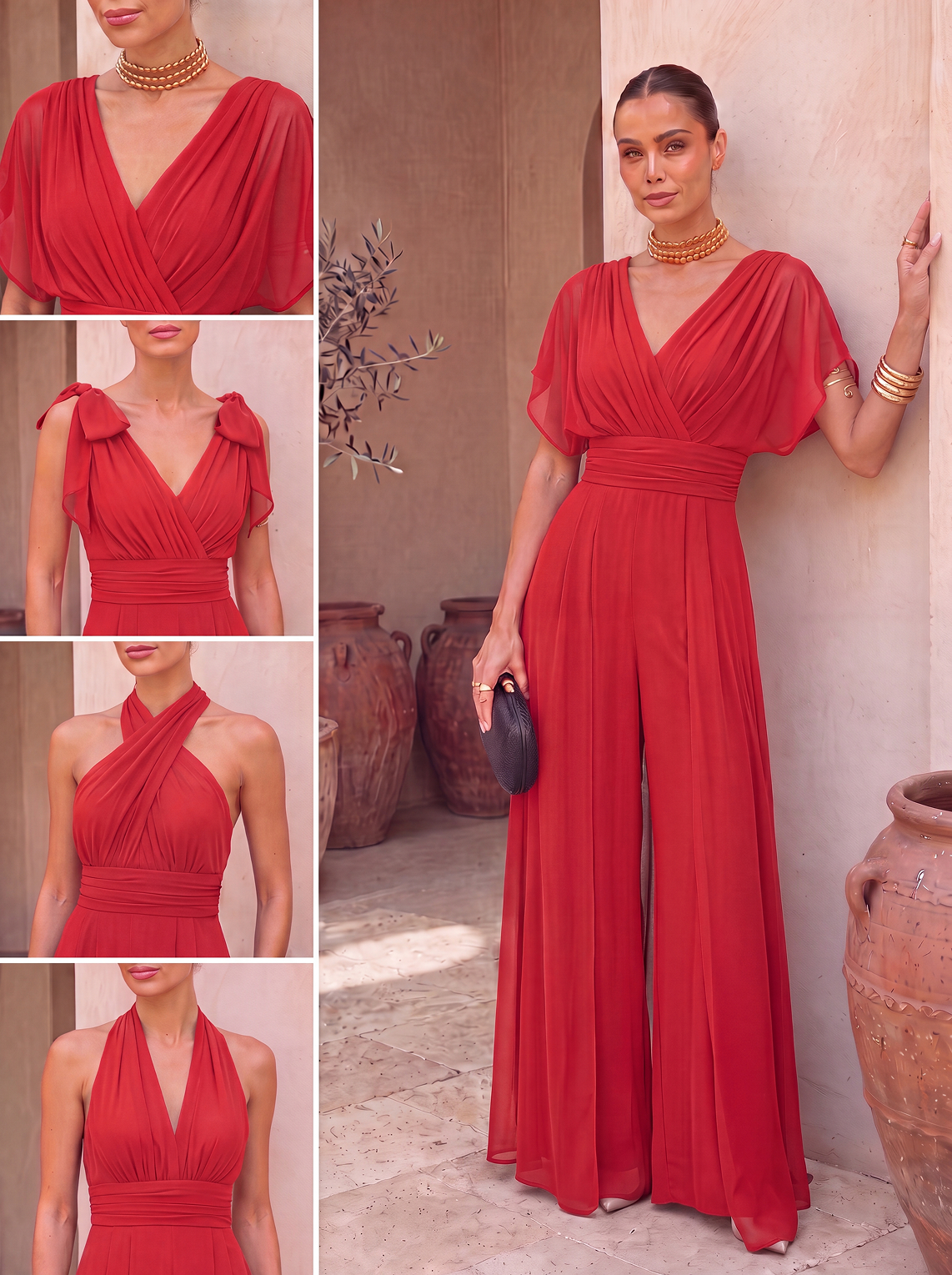 Abito tuta lunga con scollo all'americana e sciarpa in chiffon