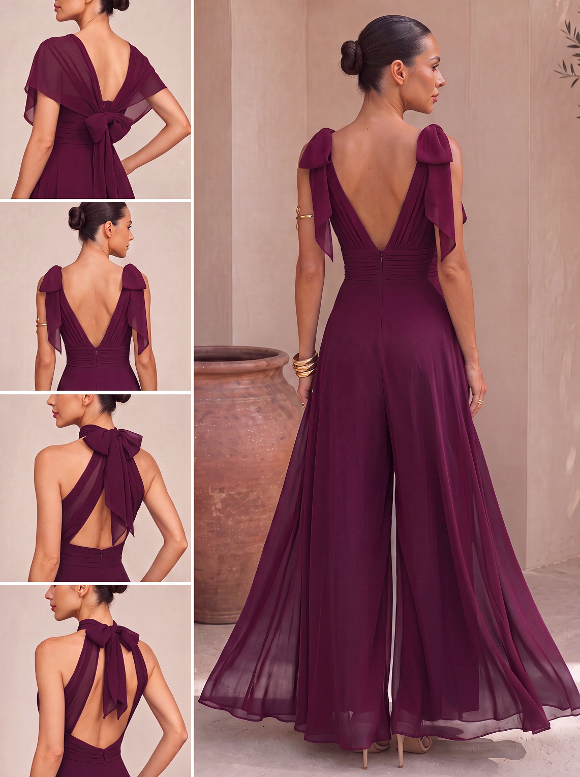 Abito tuta lunga con scollo all'americana e sciarpa in chiffon