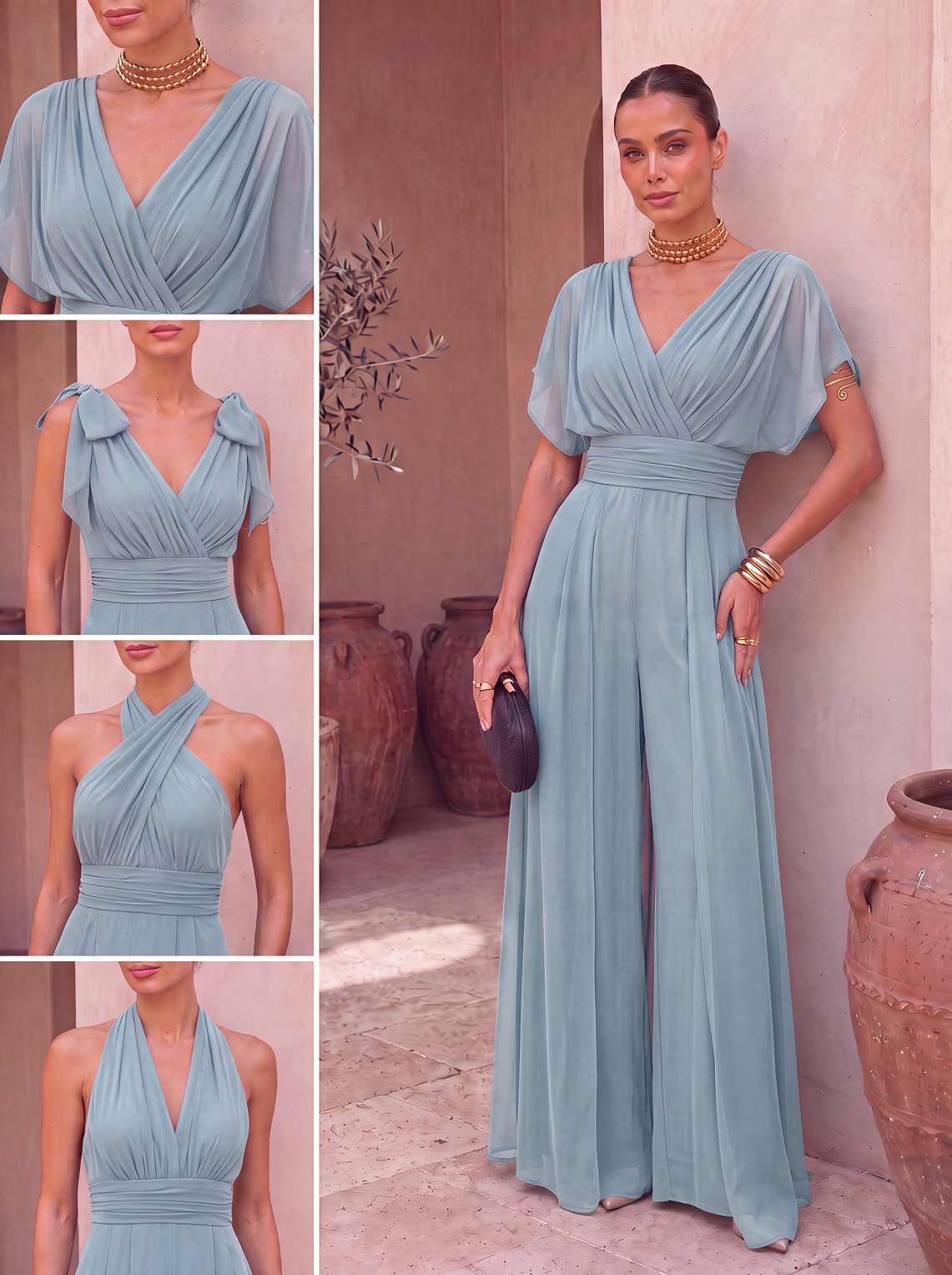 Abito tuta lunga con scollo all'americana e sciarpa in chiffon