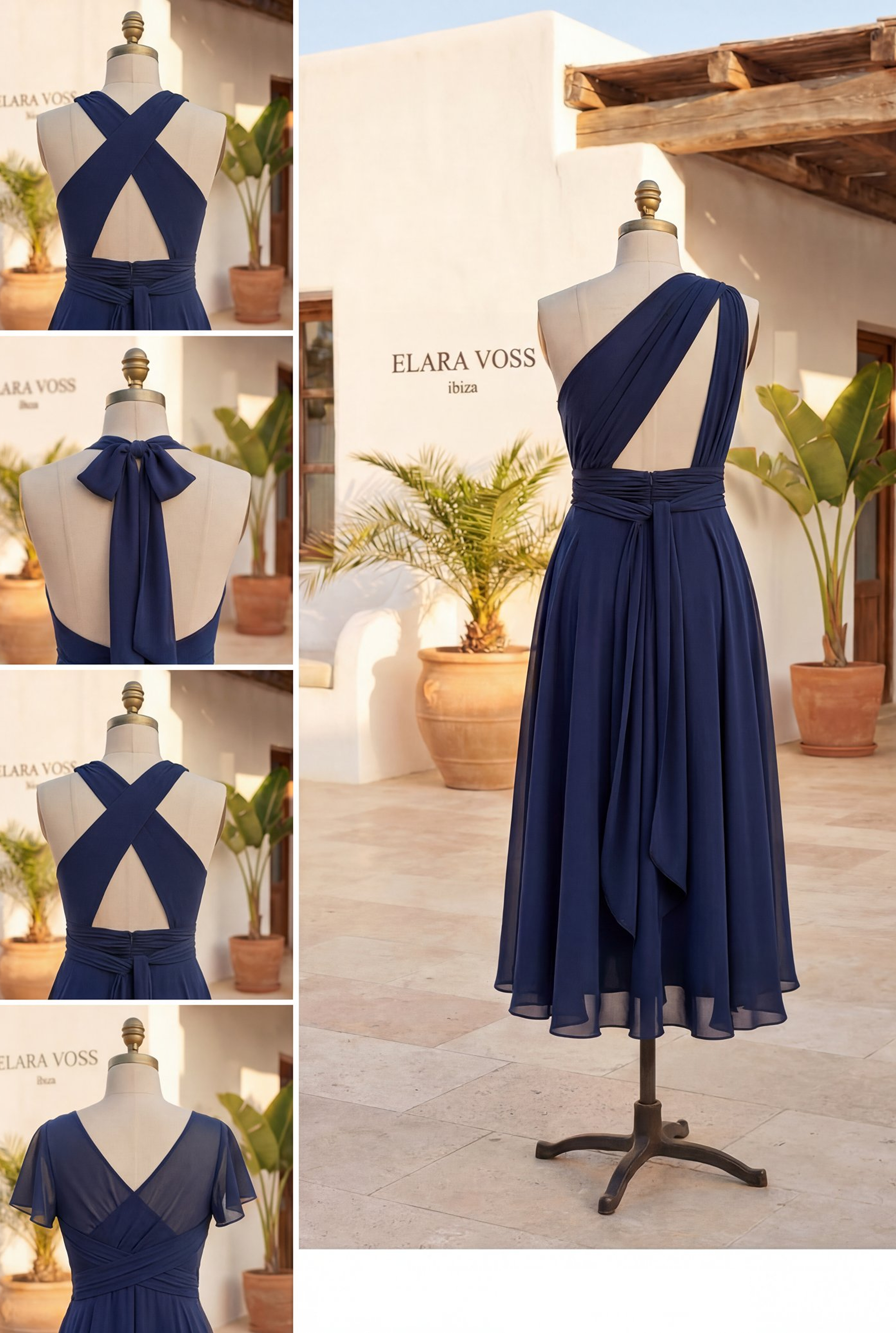 The Murano | Abito blu navy multiposizione con gonna asimmetrica