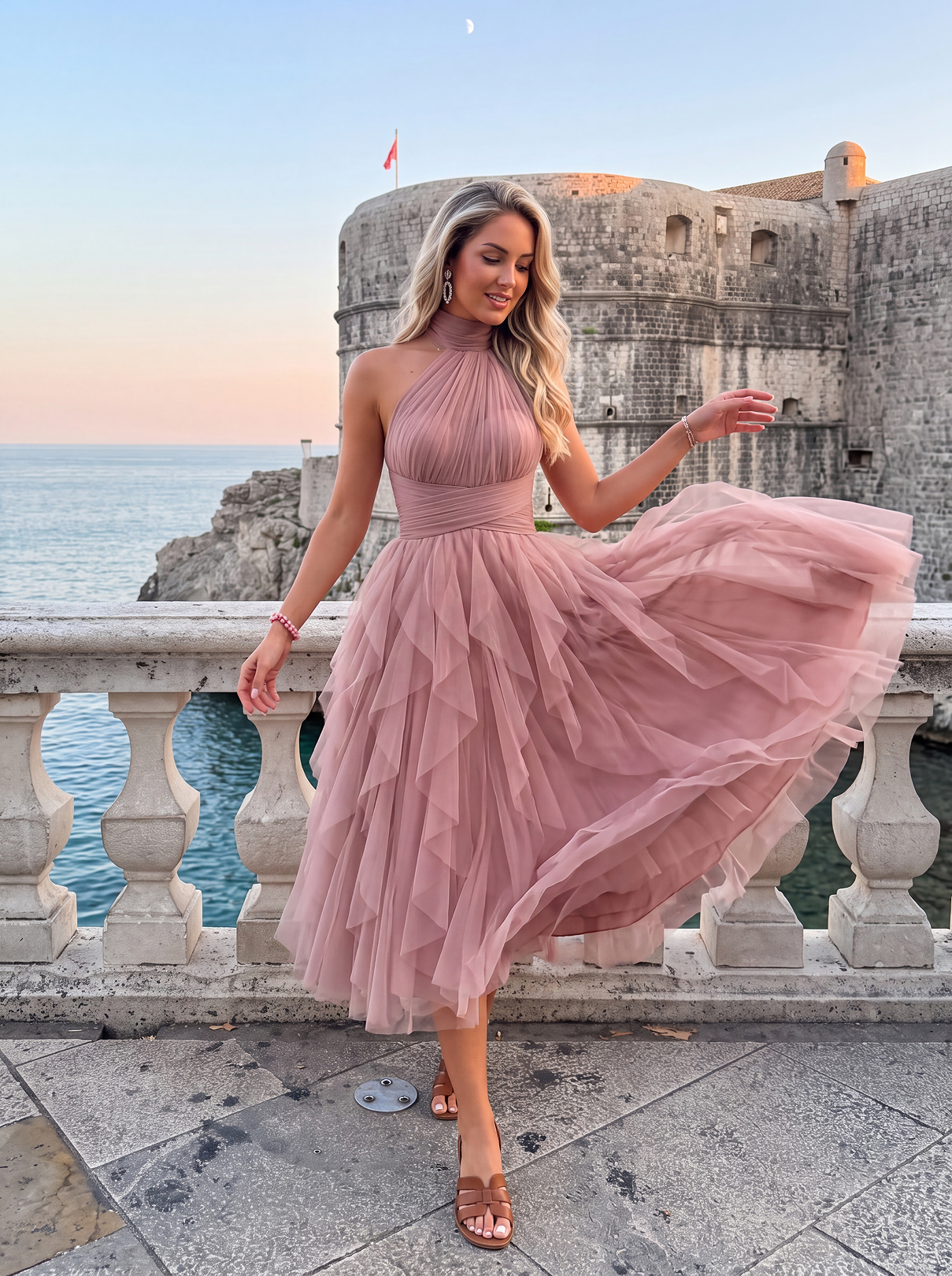 ABITO MIDI IN TULLE CON BALZE A CASCATA | BLU INCHIOSTRO ALISSA