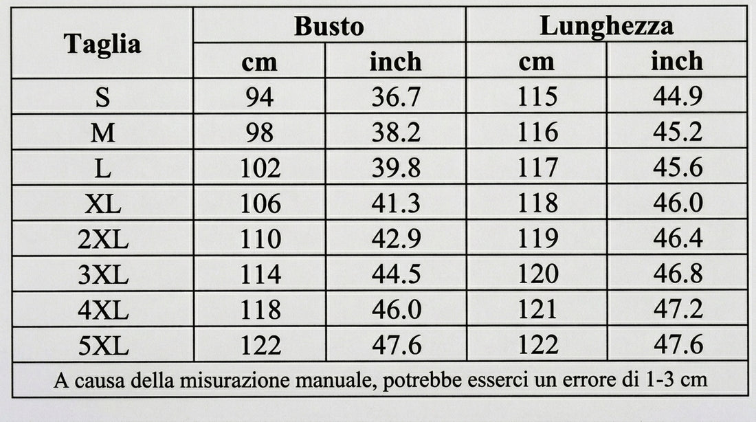 Tabella taglie in centimetri