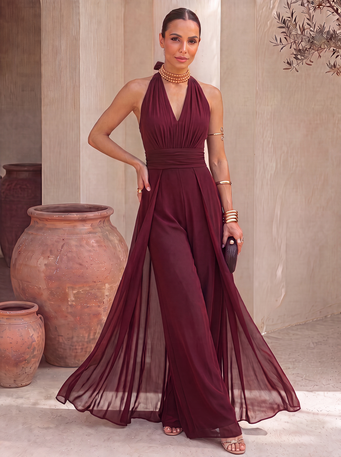 ABITO TUTA LUNGA CON SCOLLO ALL'AMERICANA E SCIARPA IN CHIFFON