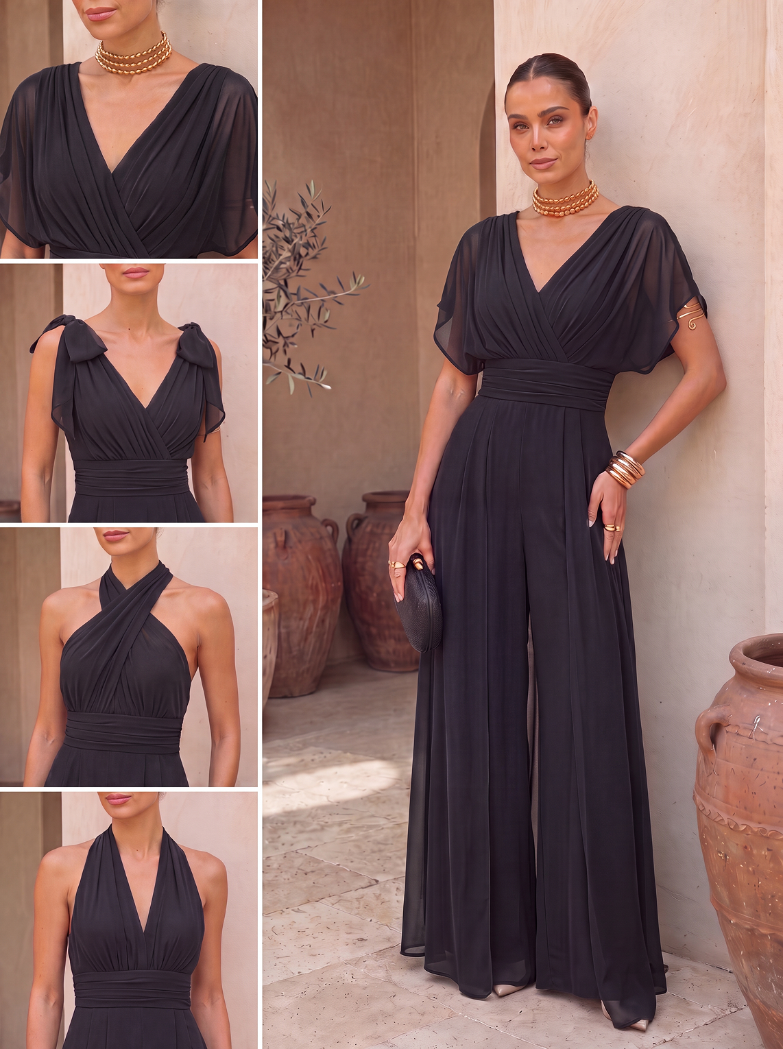 Abito tuta lunga con scollo all'americana e sciarpa in chiffon