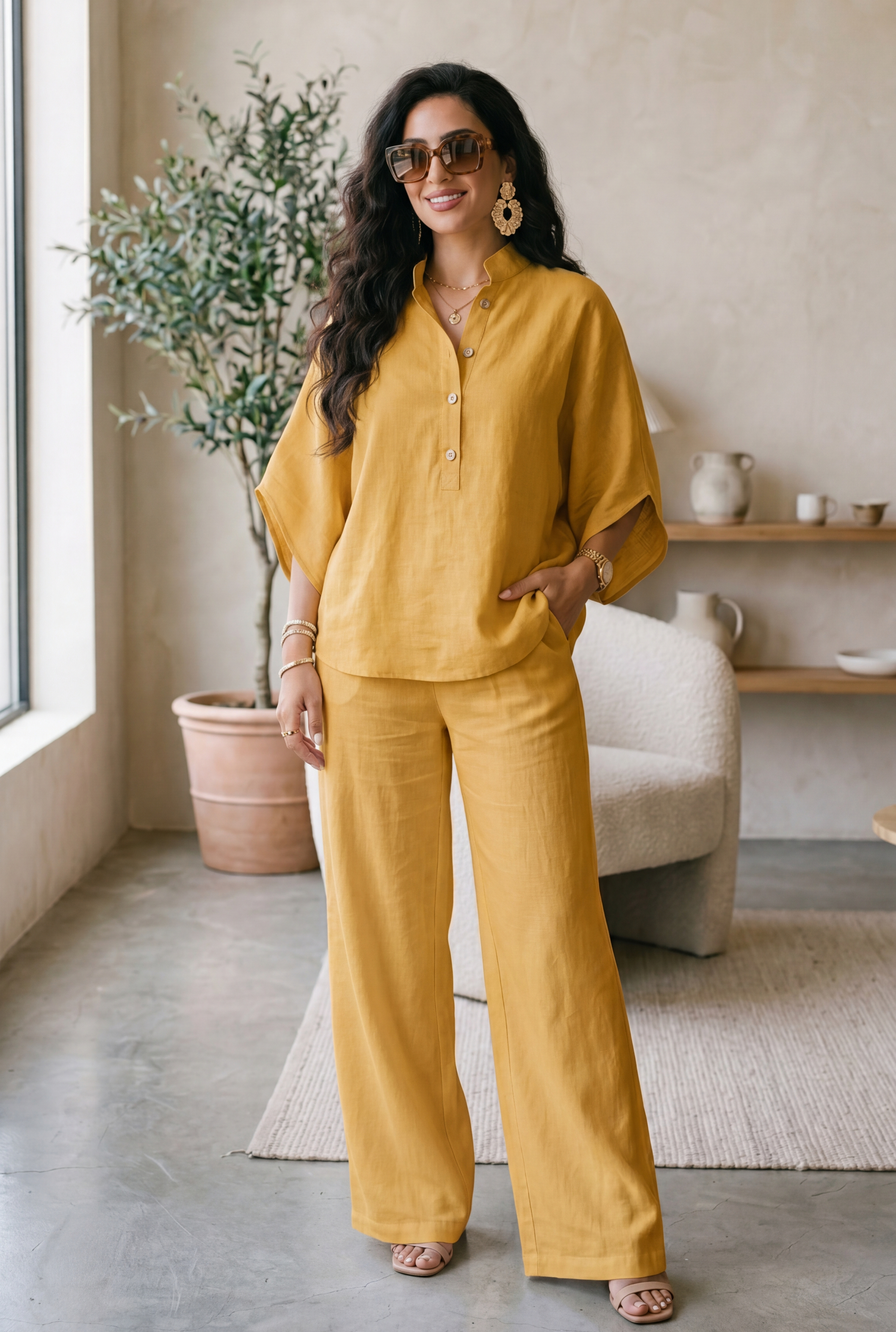 Conjunto de lino con mangas oversized y pantalones acampanados