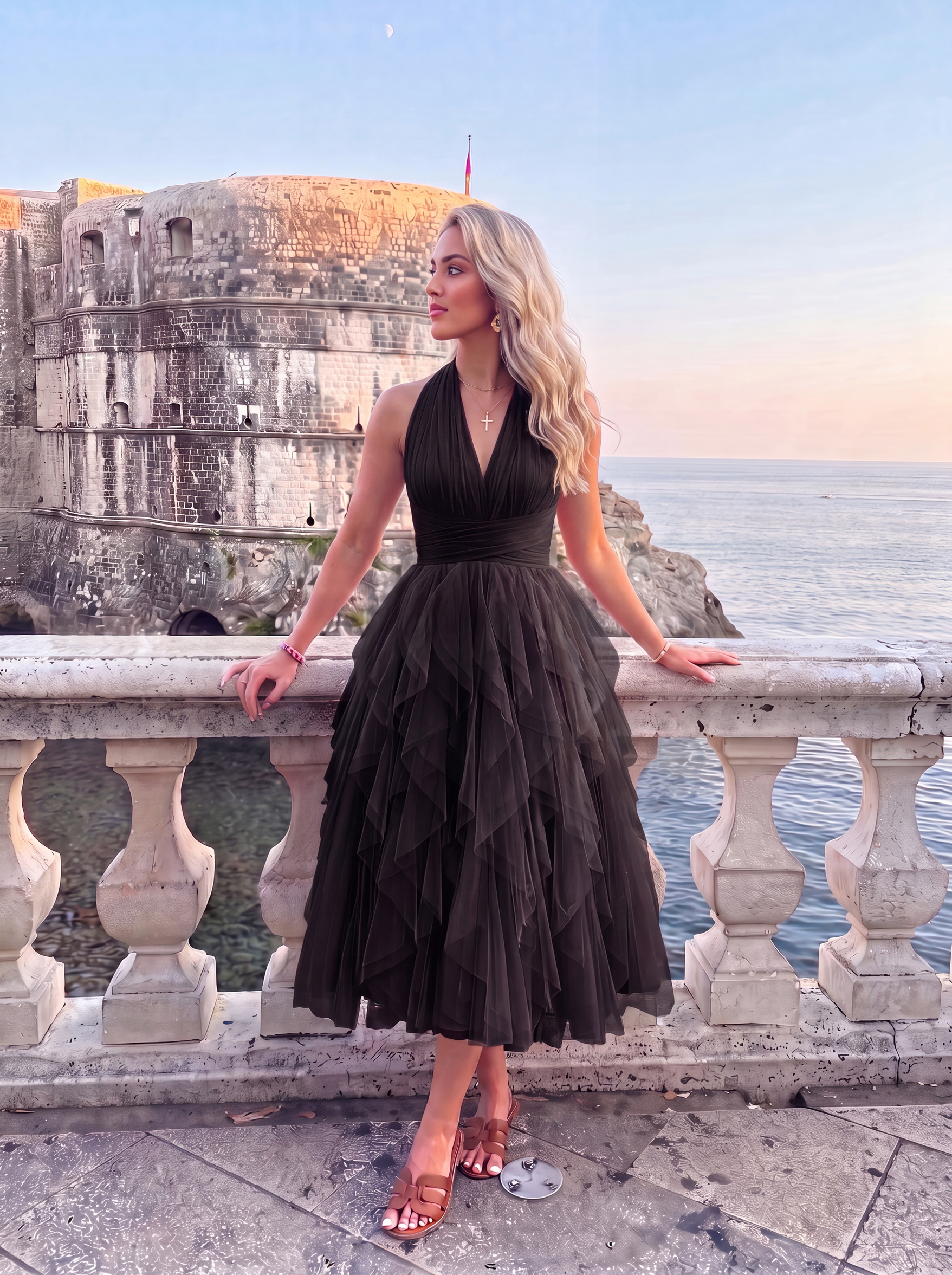 ABITO MIDI IN TULLE CON BALZE A CASCATA | BLU INCHIOSTRO ALISSA