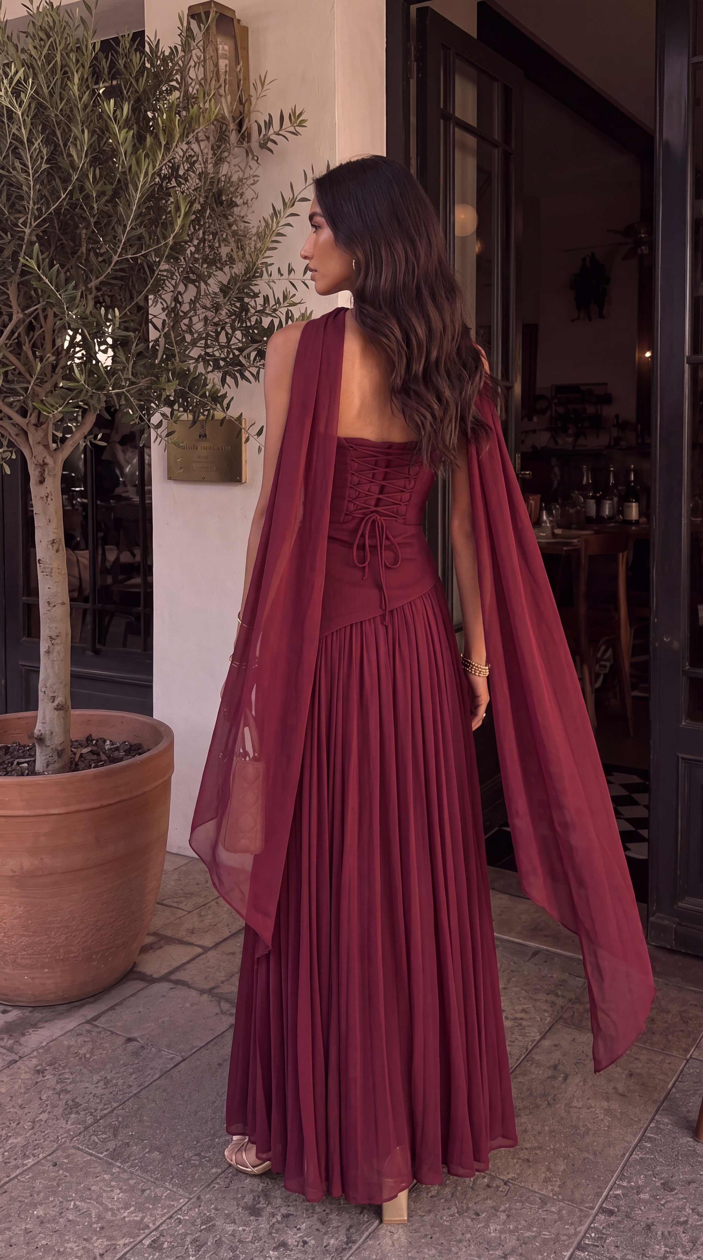 Long Asymmetrical Guest Dress with Draped Cape