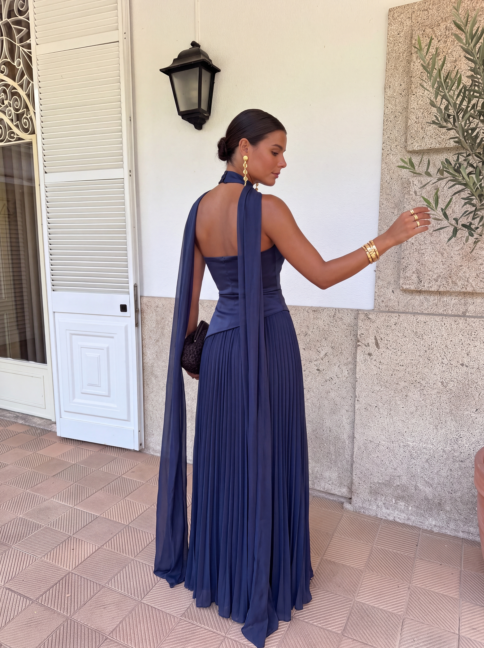 Long Asymmetrical Guest Dress with Draped Cape