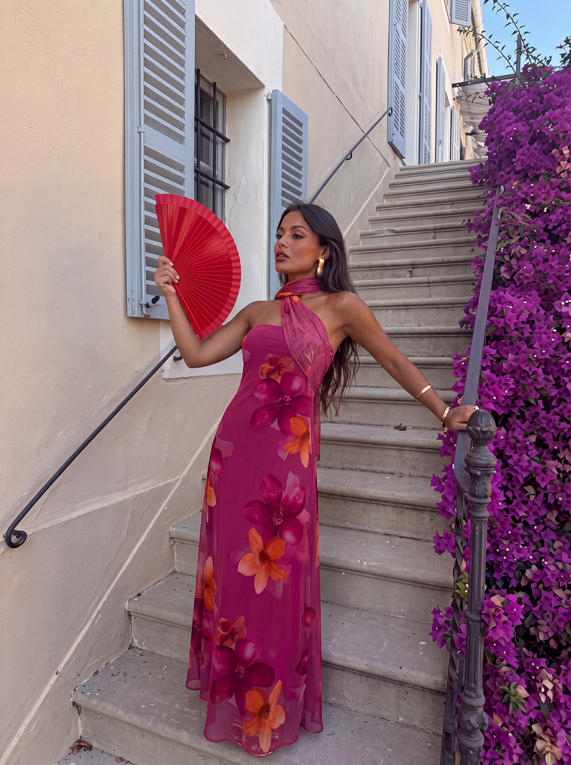 VESTIDO SÓLLER LUNGO A FIORI CON COLLO ALTO E FIOCCO