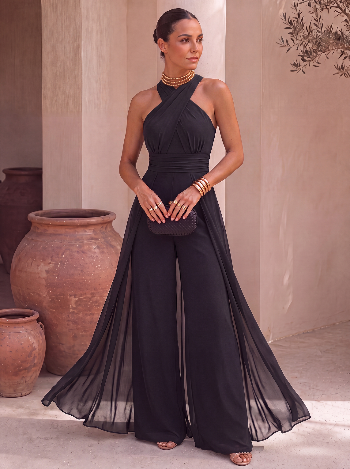 ABITO TUTA LUNGA CON SCOLLO ALL'AMERICANA E SCIARPA IN CHIFFON