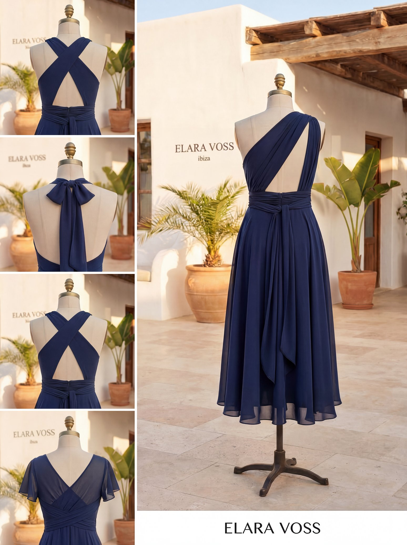 The Murano | Vestido azul marino con falda asimétrica y múltiples formas de llevar