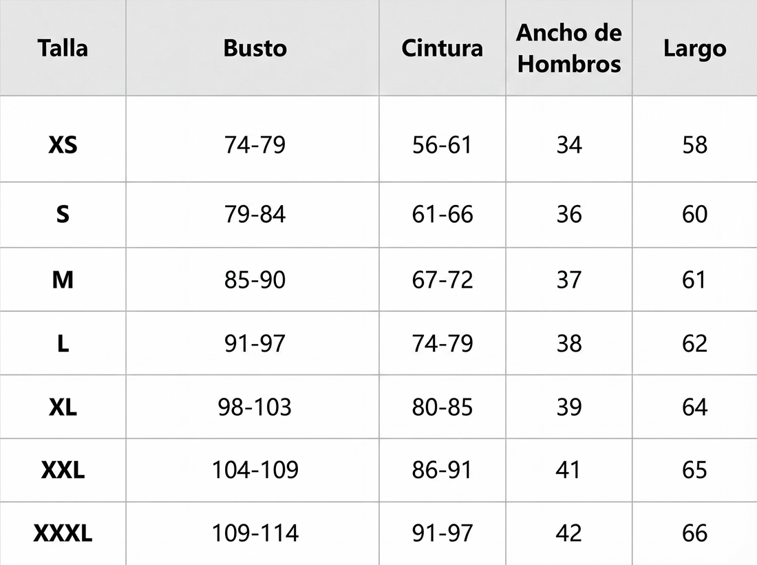 Tabella taglie in centimetri