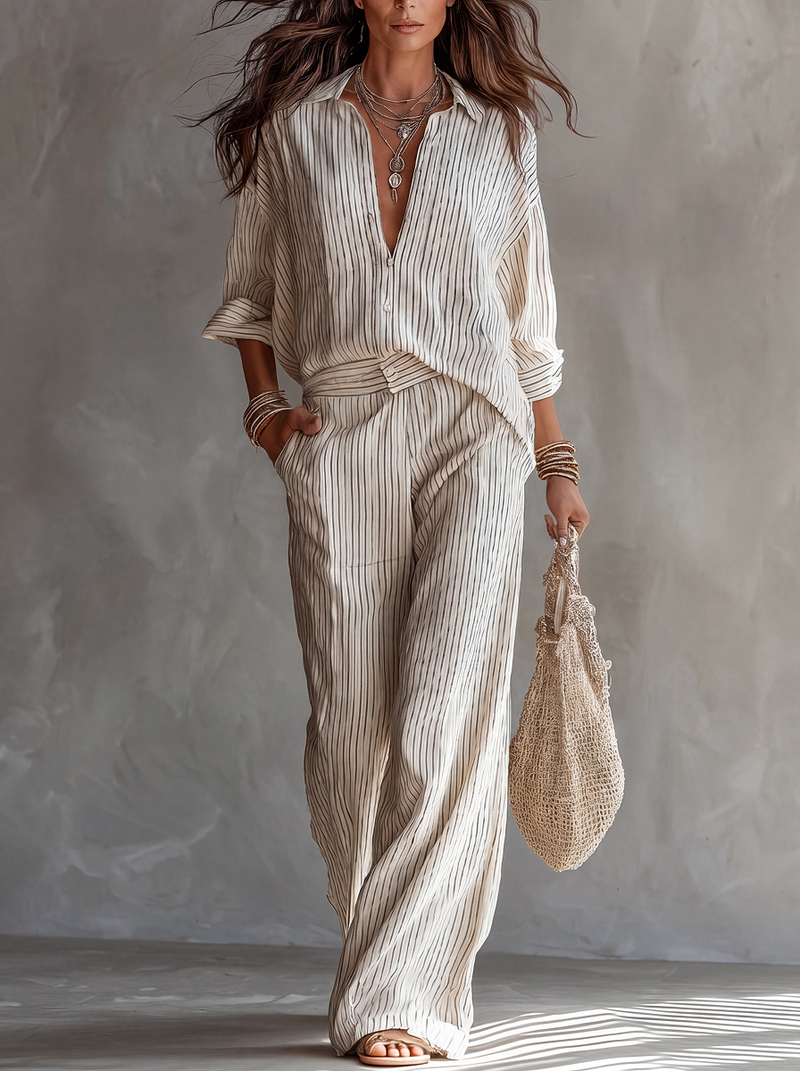 Set a righe in stile minimalista in cotone e lino.