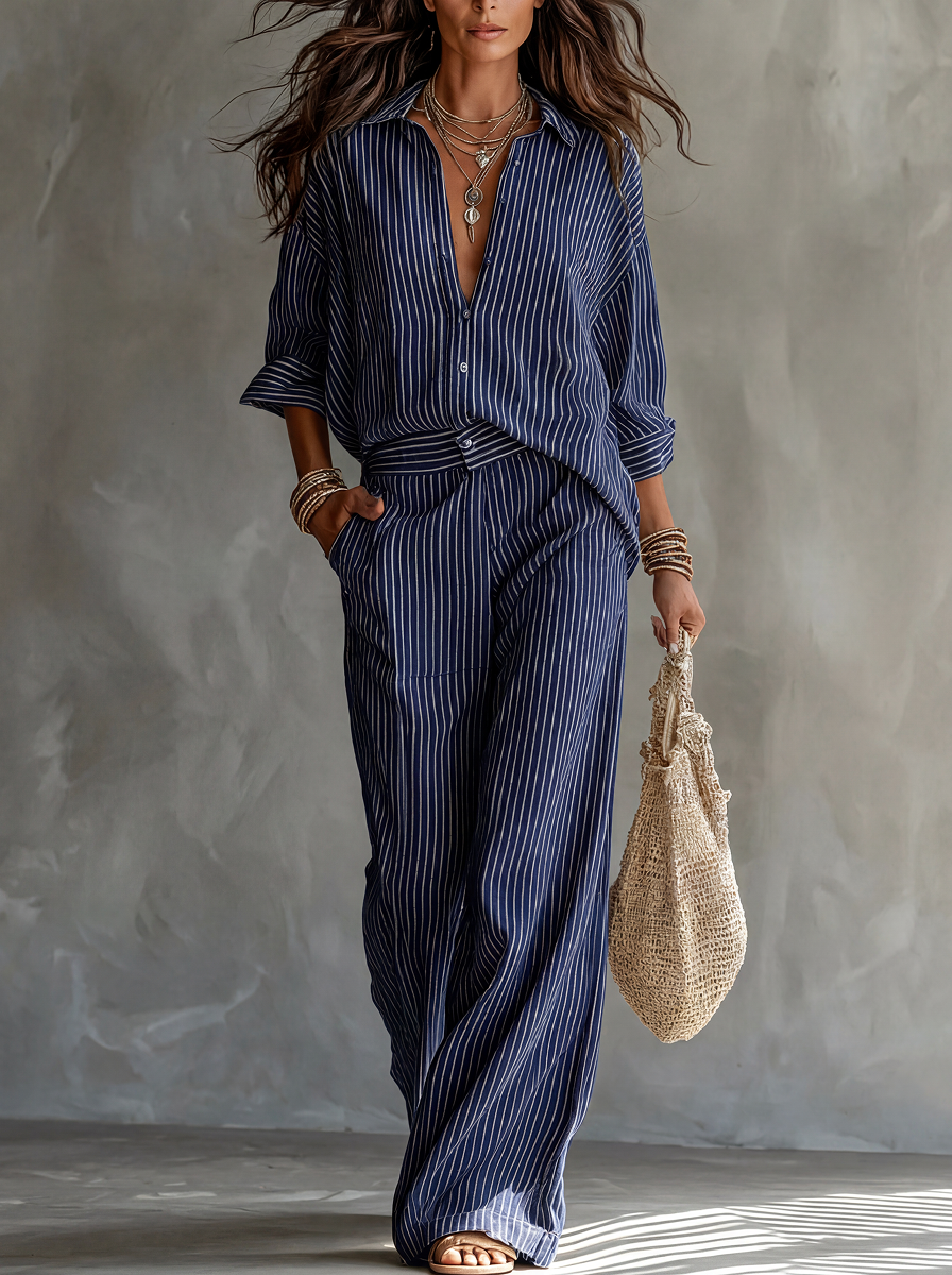 Set a righe in stile minimalista in cotone e lino.