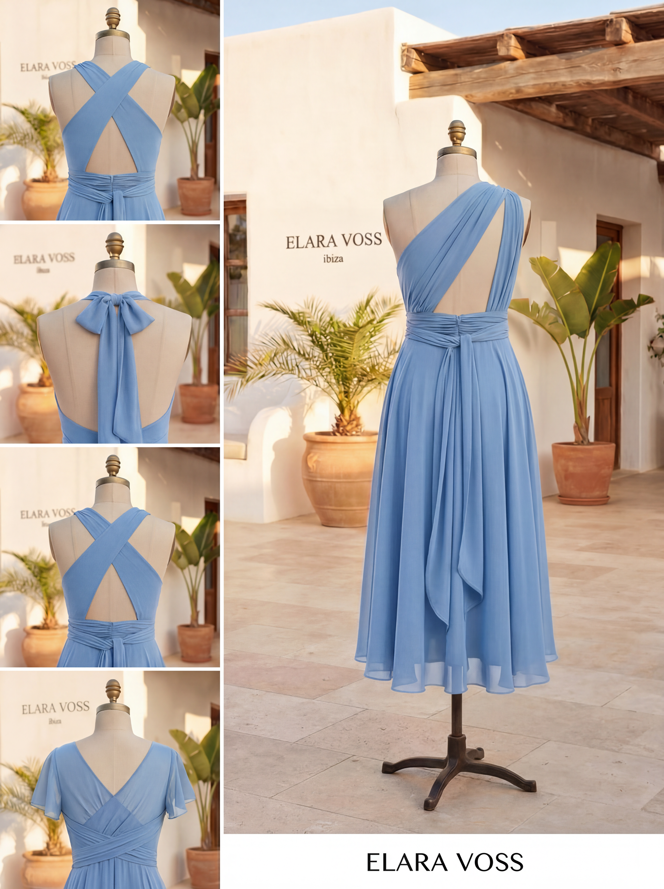 The Murano | Vestido azul marino con falda asimétrica y múltiples formas de llevar
