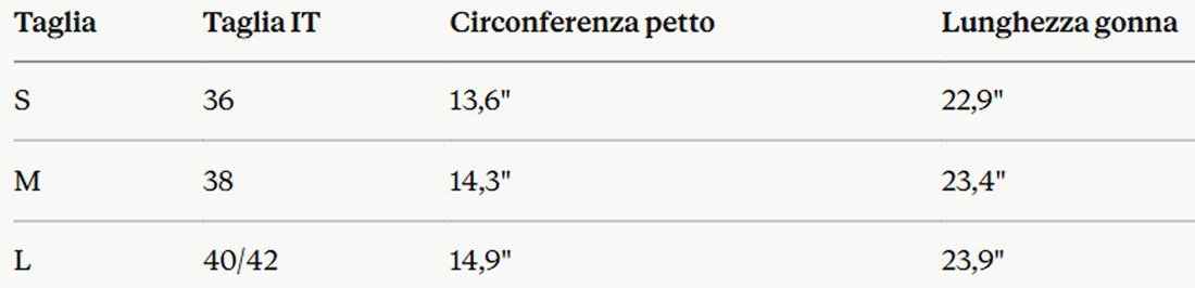 Tabella taglie in centimetri