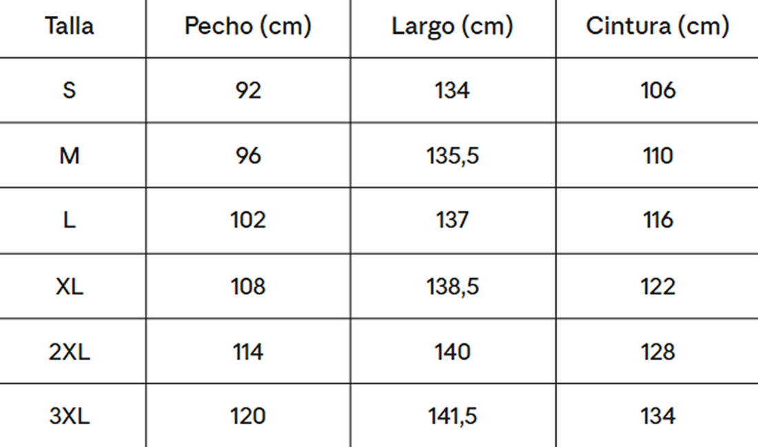 Tabella taglie in centimetri