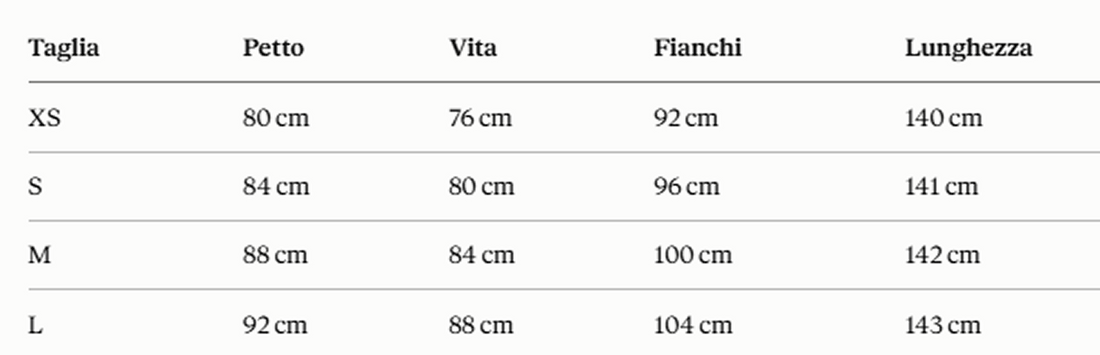Tabella taglie in centimetri