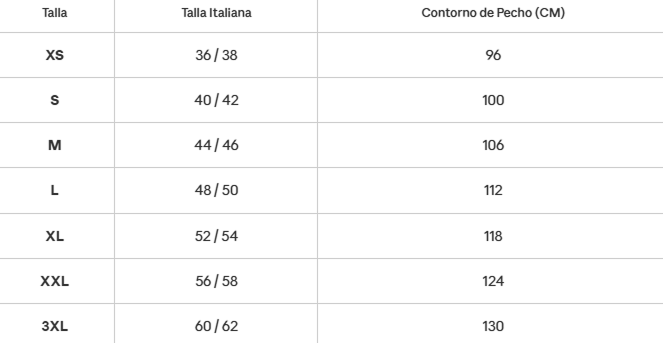 Tabella taglie in centimetri