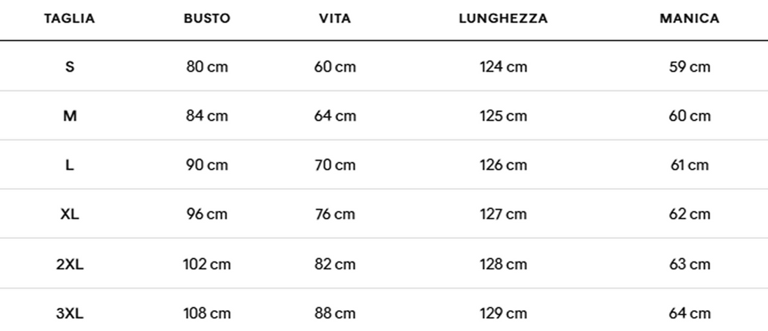Tabella taglie in centimetri