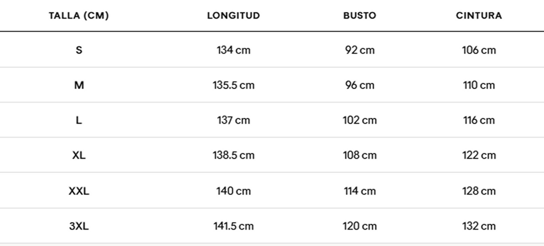 Tabella taglie in centimetri